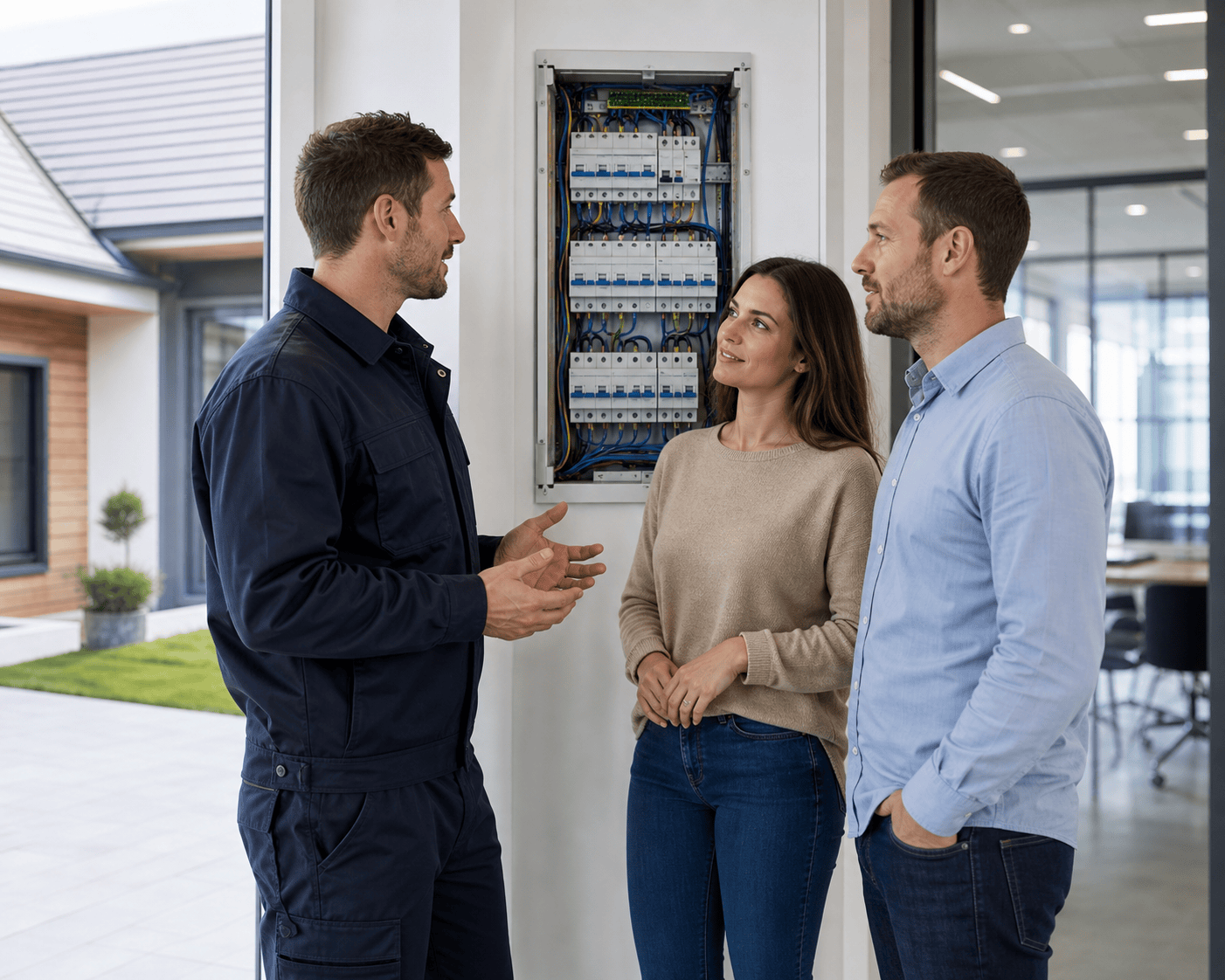 Equipo técnico trabajando en instalación eléctrica